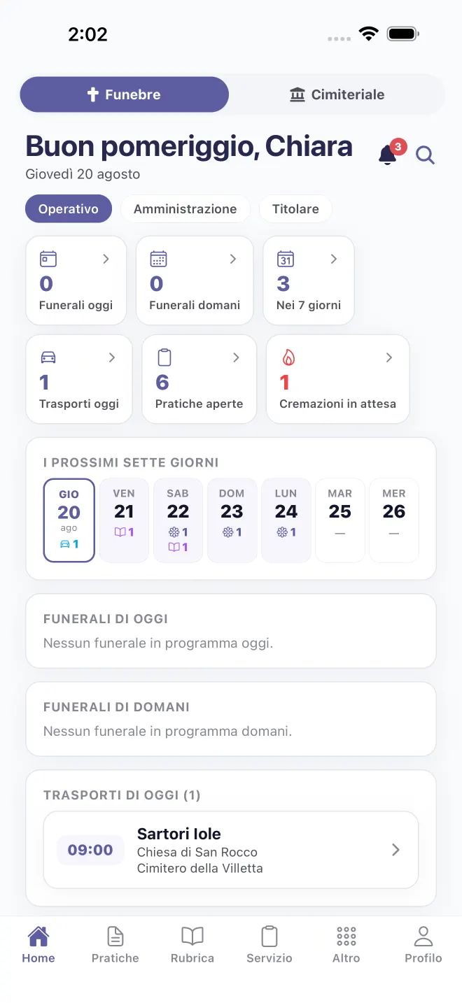 La Home del funebre nell'app: funerali di oggi e di domani, trasporti, pratiche e i prossimi sette giorni