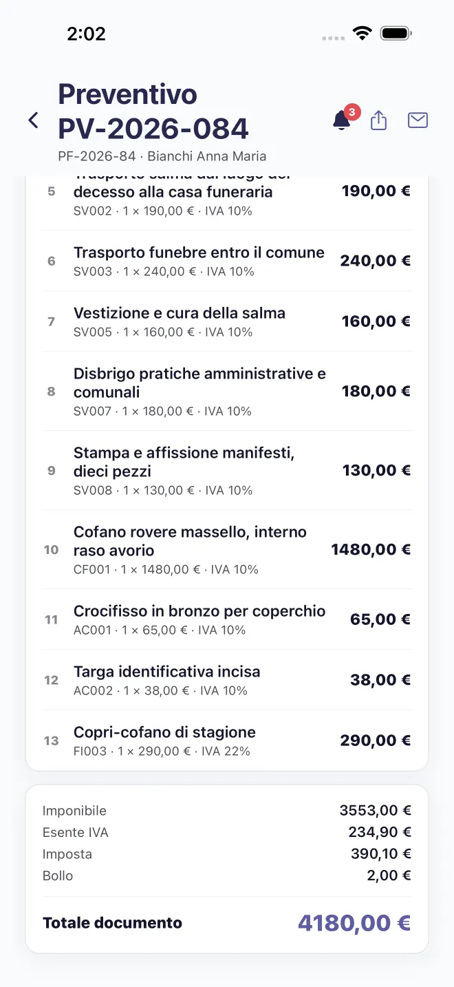 Un preventivo aperto nell'app, con le righe del listino, l'IVA e il totale del documento