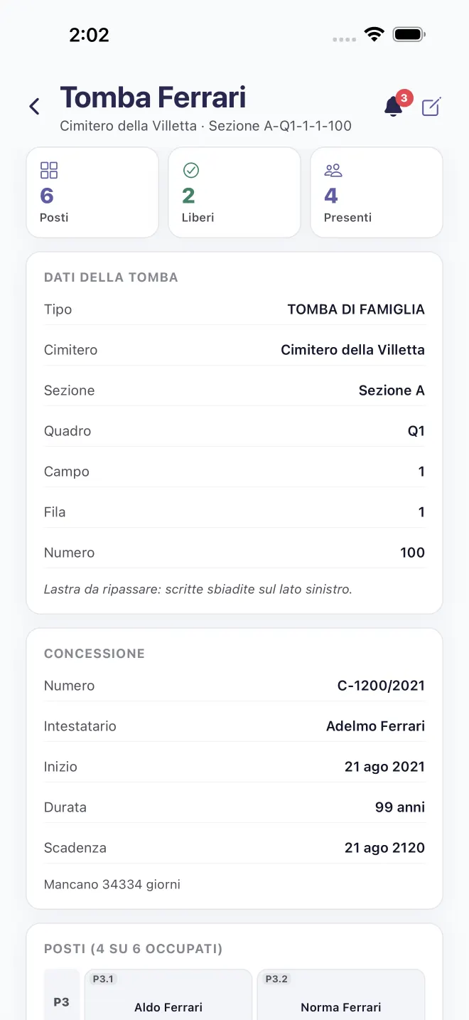 La scheda di una tomba nell'app: posizione nel cimitero, concessione con scadenza e posti occupati