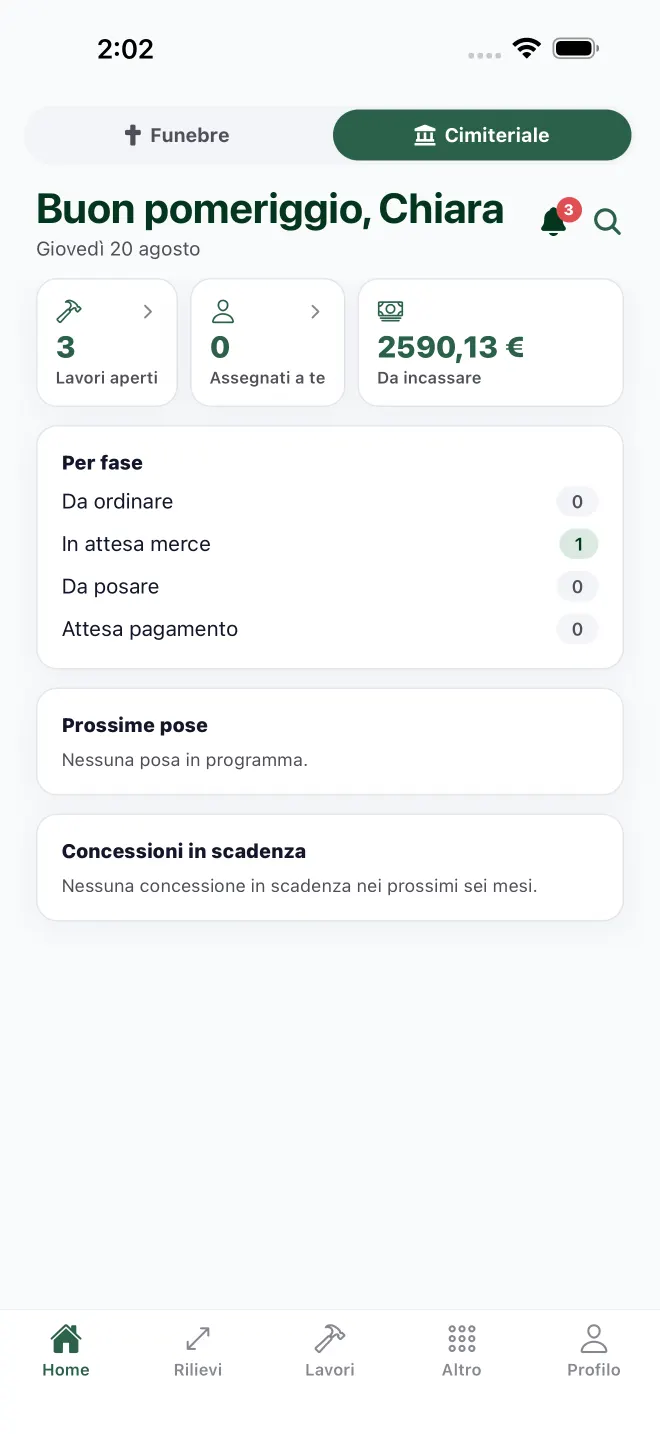 La Home del cimiteriale nell'app: lavori aperti, assegnati, da incassare e lavori per fase