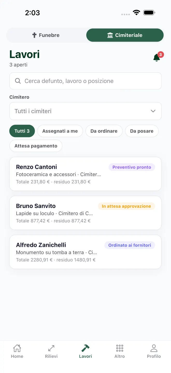 L'elenco dei lavori cimiteriali nell'app, filtrabili per cimitero e per fase