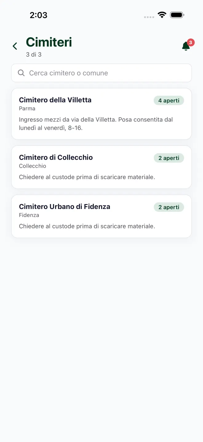 I cimiteri nell'app, con i lavori aperti e le note per l'ingresso dei mezzi